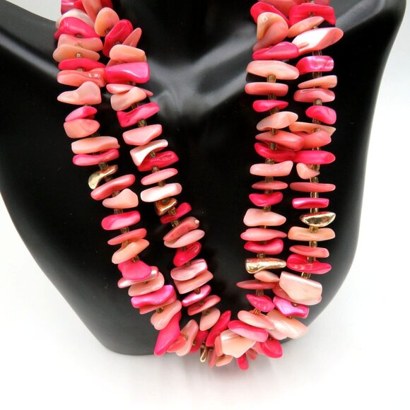 Vintage Japan Pink Shell Chip Bead Necklace Double Strand 13" Choker Extension - Picture 2 of 6